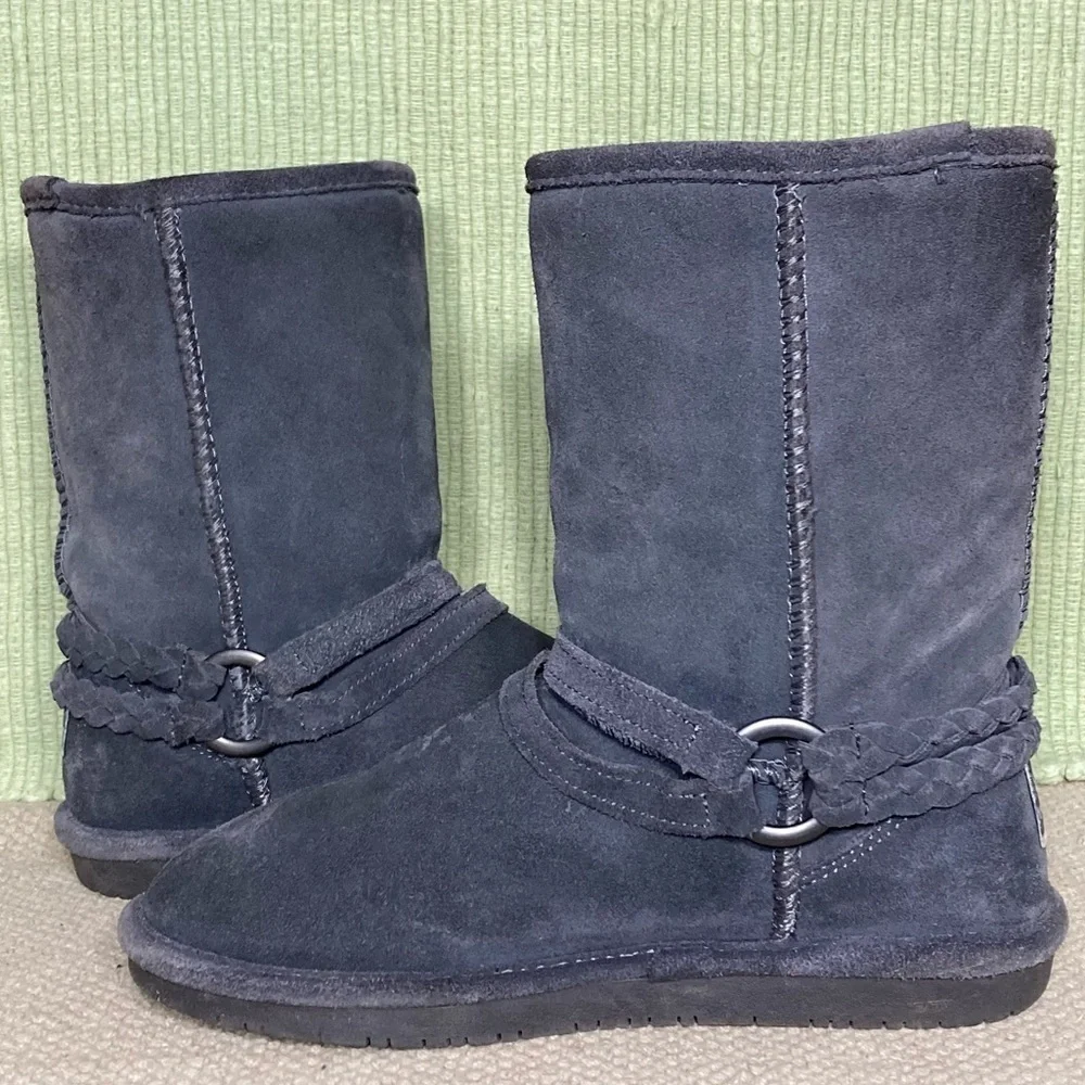 BEARPAW Womens Adele Grey Braided Harness Suede/Wool/Sheepskn Short Boots SZUS 7